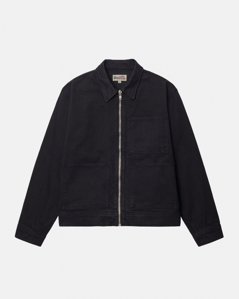 Stussy Zip Werk Jacket Overdyed Denim Heren Zwart Zwart Belgium | QBF-3706